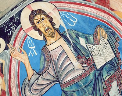 Christus in Majesteit geflankeerd door serafijnen en symbolen van de Evangelisten, kopie van 12e-eeuws origineel door Spanish School